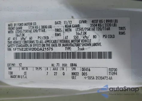 2013 Ford E-250 Commercial from USA, damaged, VIN 1FTNE2EW2DDA21575